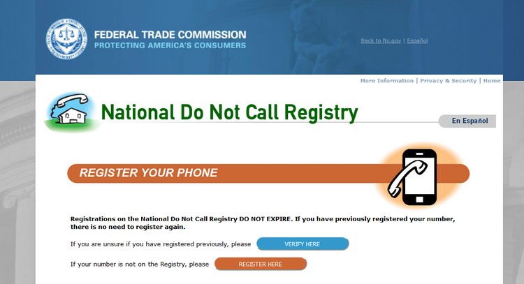 FTC National Do Not Call Registry Page Screenshot